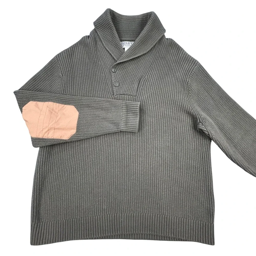 Duluth Wool Blend Shawl Collar Ribbed Knit Sweater Mens XL Green Elbow Patches